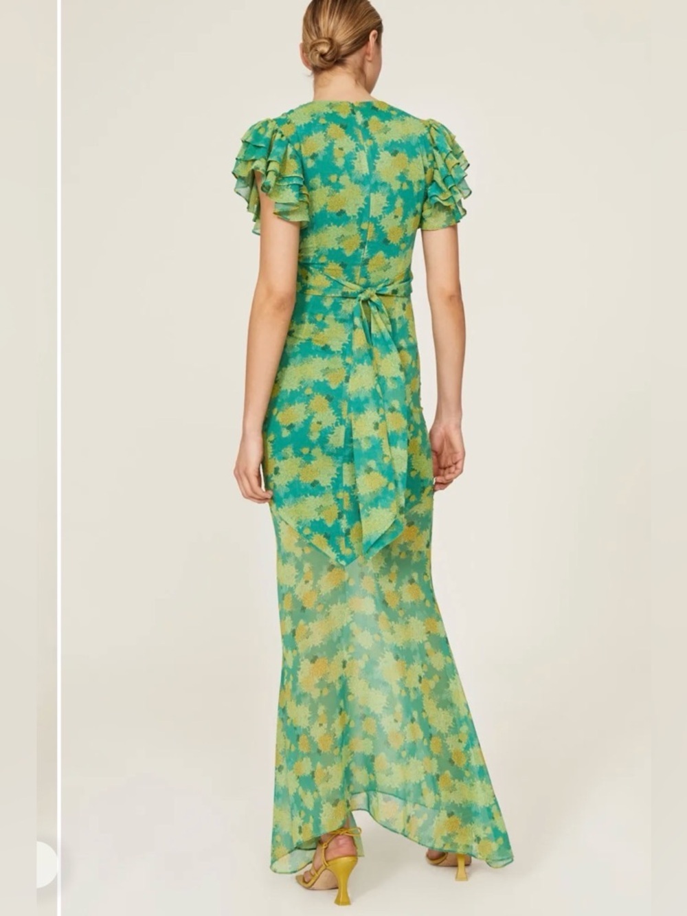 De La Vali 
Palmera Green Floral V-Neck Ruffle-Sleeve Maxi Dress size US 6. - Picture 6 of 12